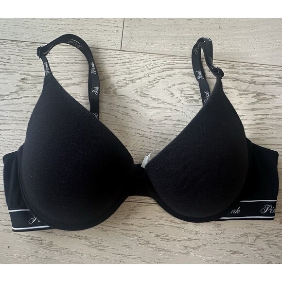 PINK Victoria's Secret Black With Logo “Wear Everywhere” Push Up Bra 34C - Picture 5 of 9